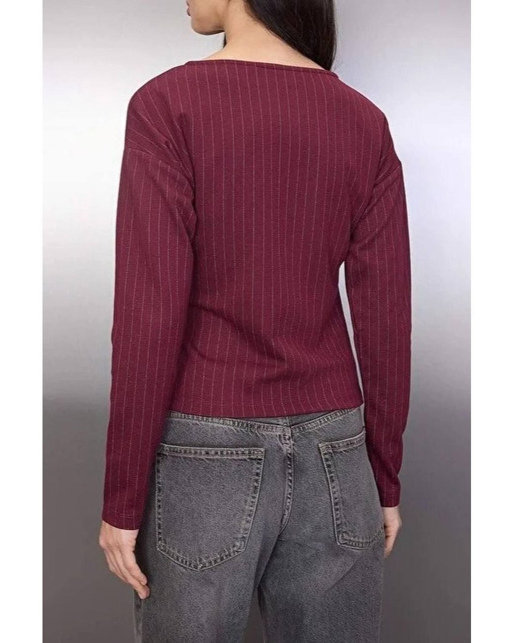 WOVCOR Purple Striped Boat Neck Long Sleeve Knit Blouse W/ Tie Detail
