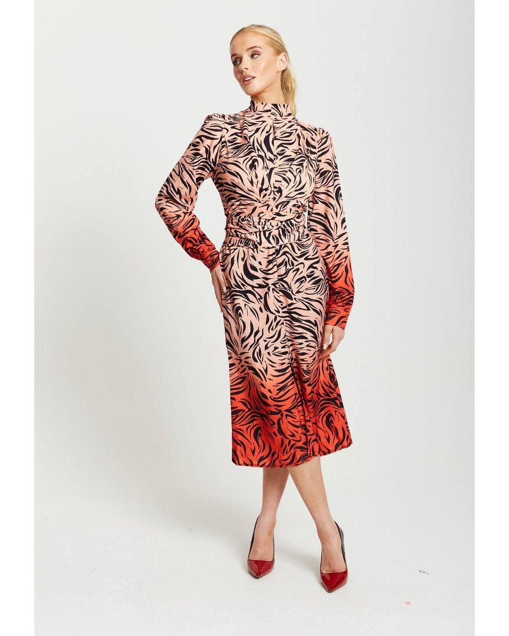 Liquorish Red Zebra Print Midi Dress W/ High Neck & Draped Waist Detail