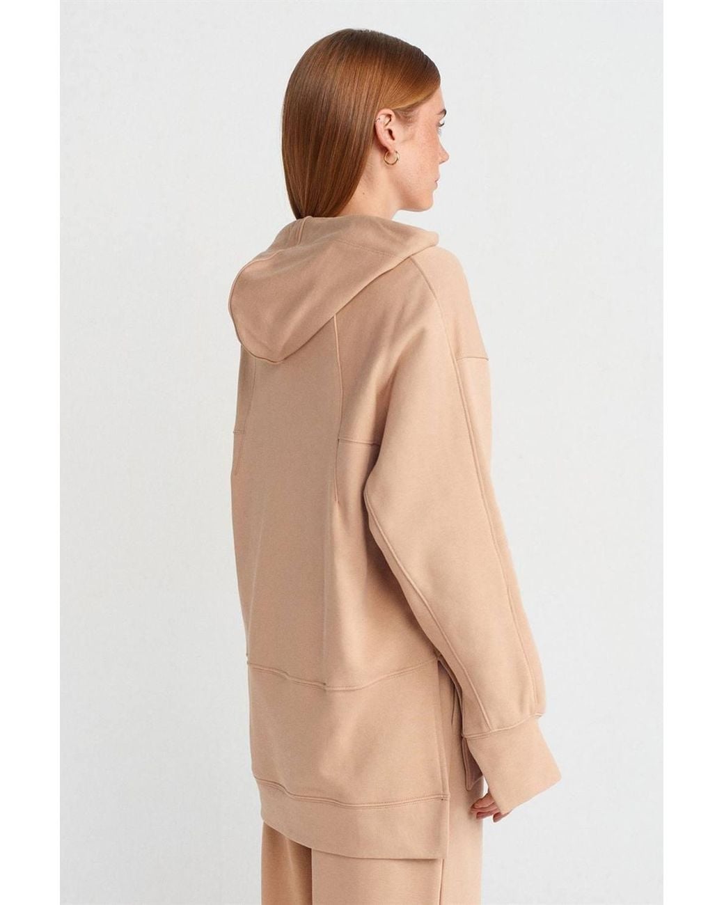 Dilvin Natural Oversized Cotton Hooded Sweatshirt With Slit