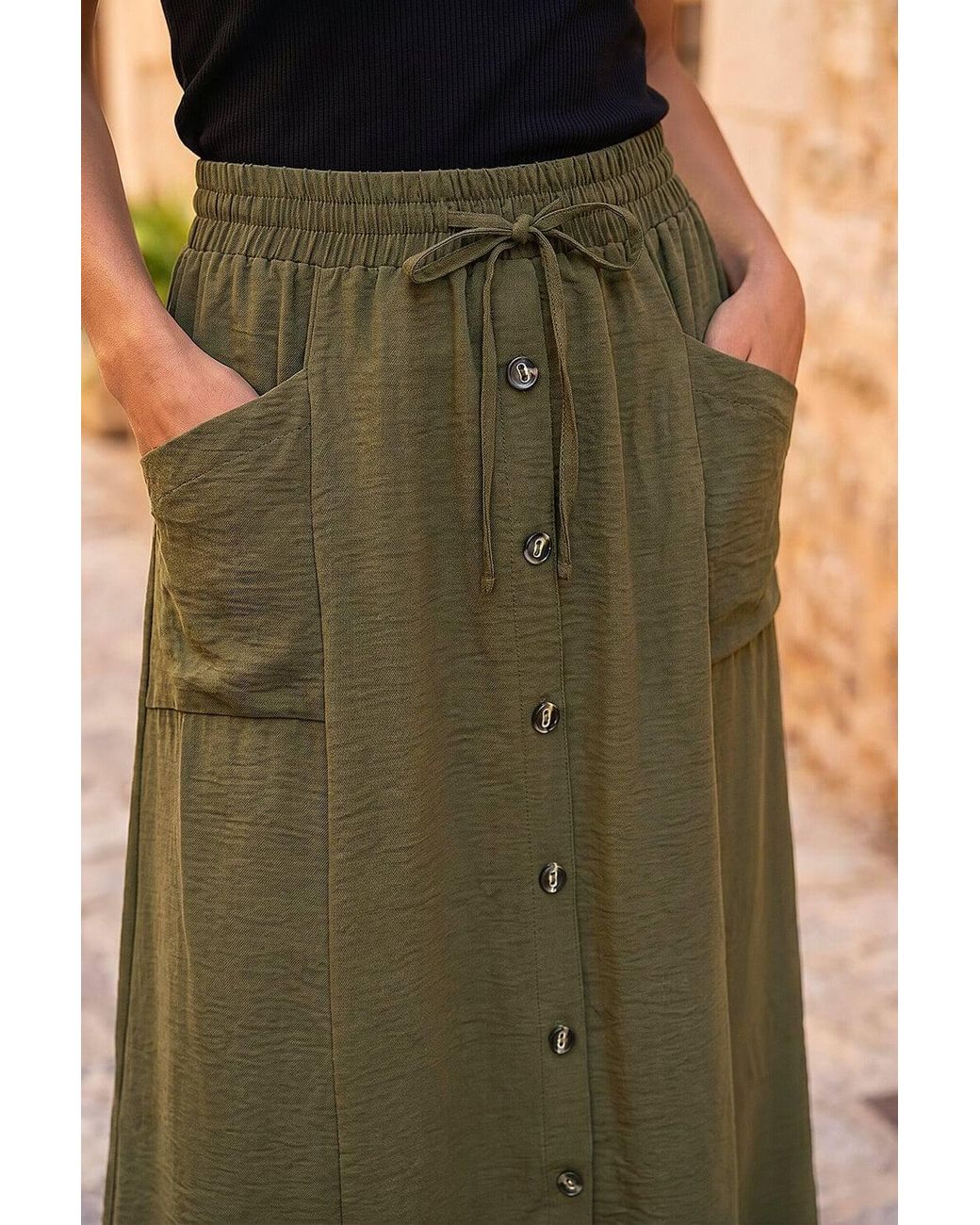 Roman Green Air Flow Button Front Tie Midi Skirt