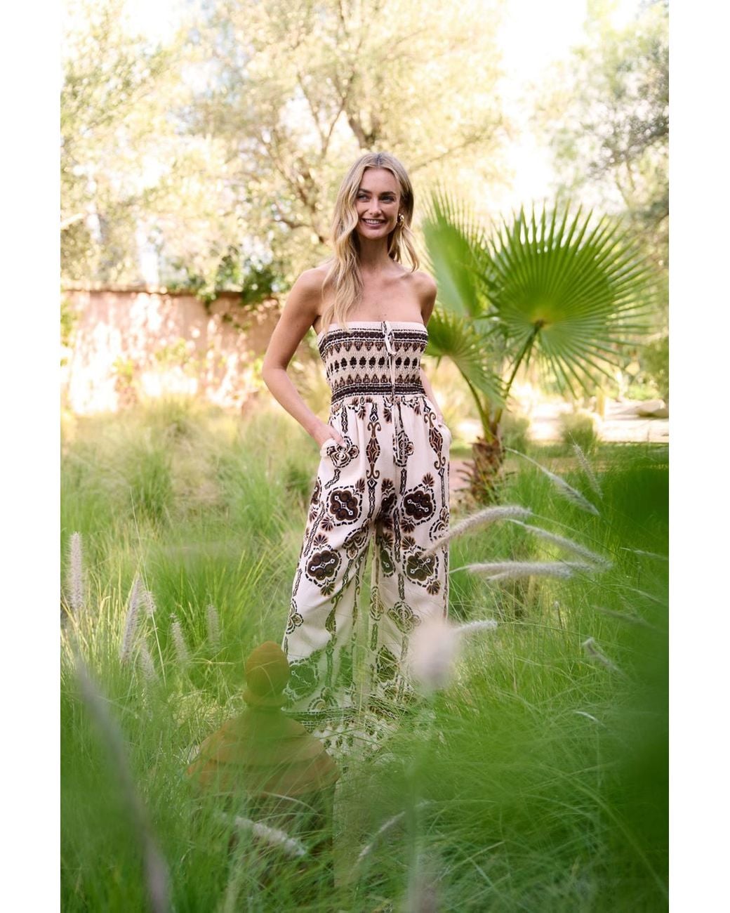 Blue Vanilla Natural Shirred Waist Sleeveless Tie Jumpsuit