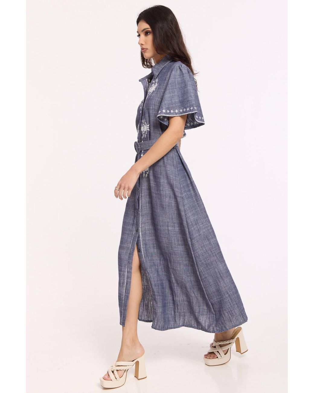 Liquorish Blue Linen Blend Embroidered Midi Dress