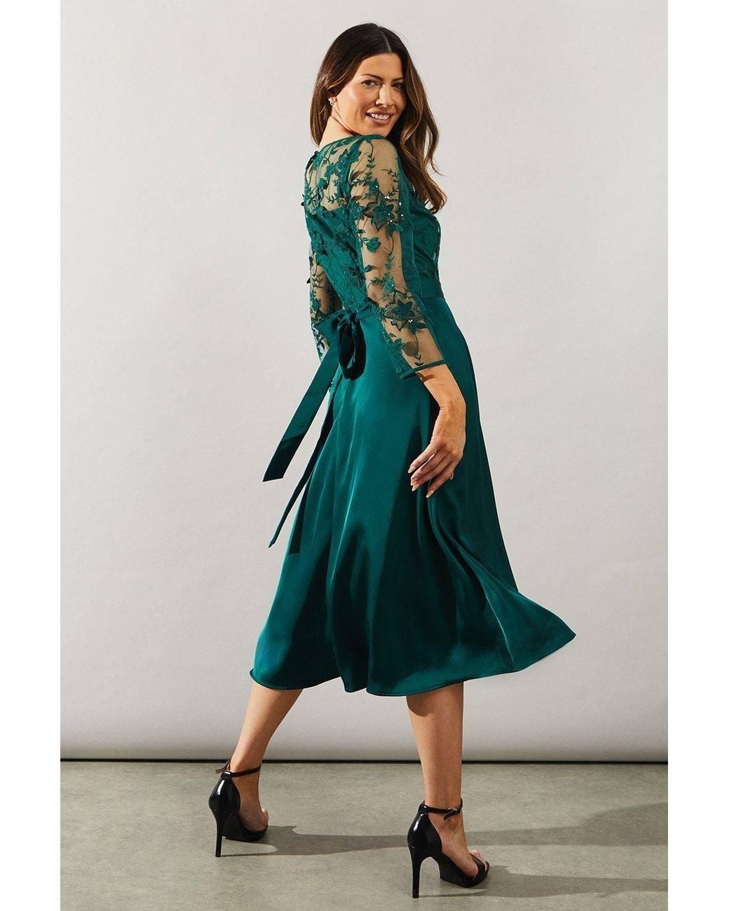 Wallis Green Satin And Mesh Overlay Fit And Flare Dress