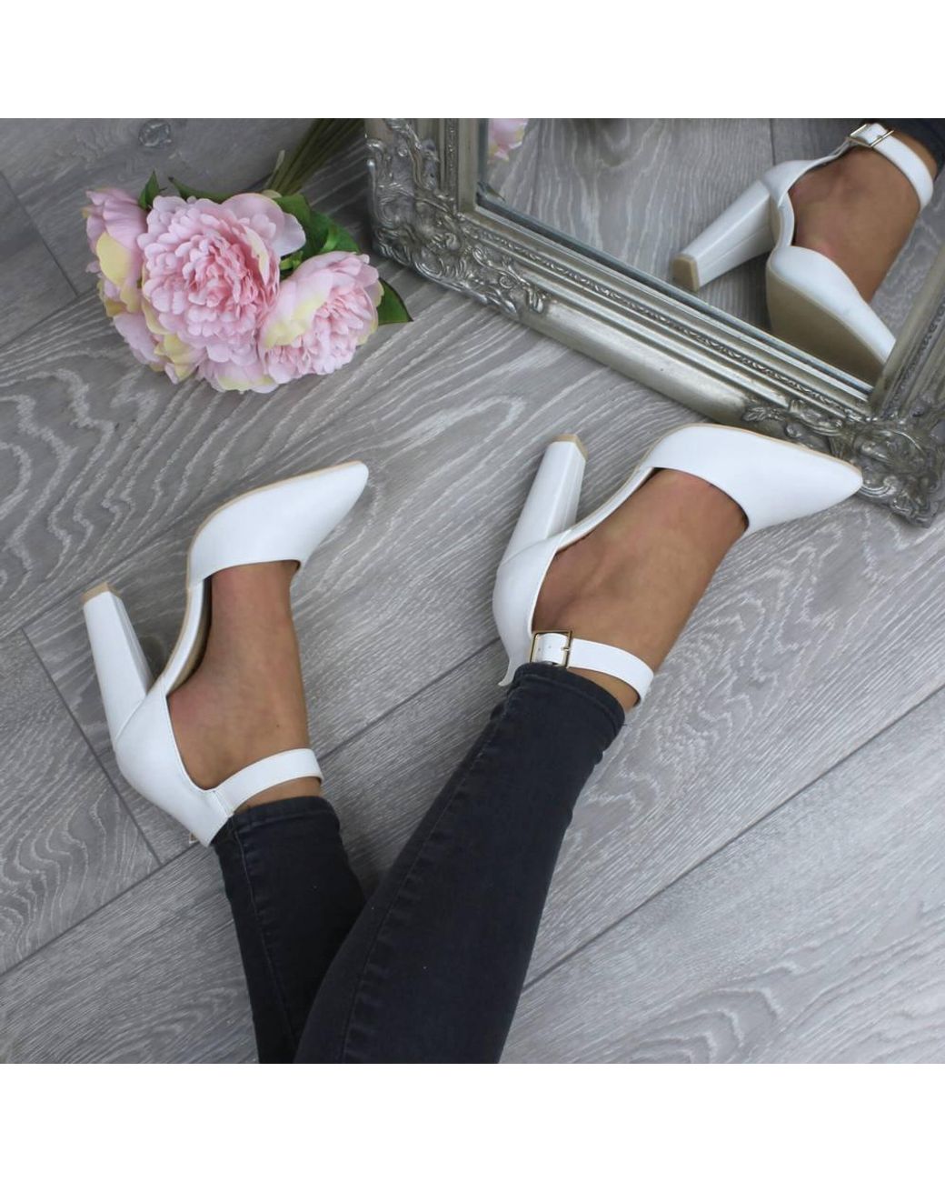 AJVANI White High Block Heel Ankle Strap Pointed Toe Court Shoes