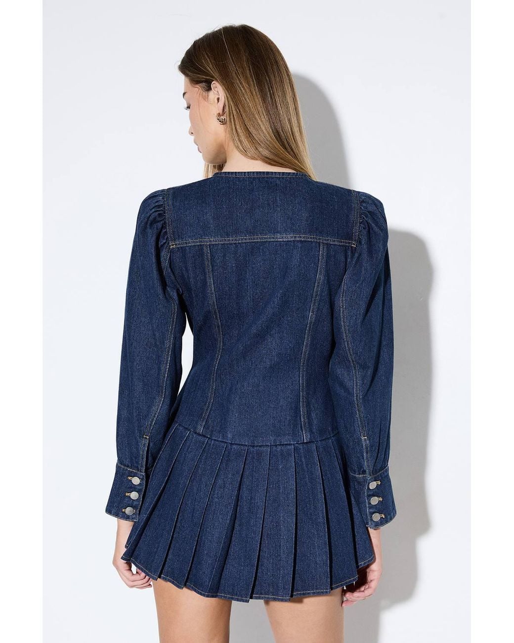 MissPap Blue Premium Denim Pleat Hem Balloon Sleeve Dress
