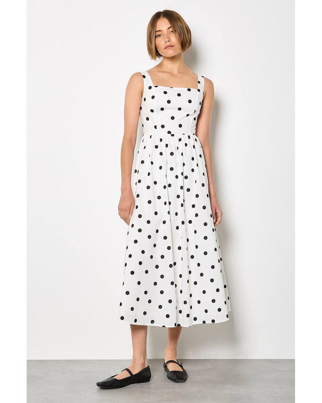 Apricot White Polka Dot Smocked Midi Dress