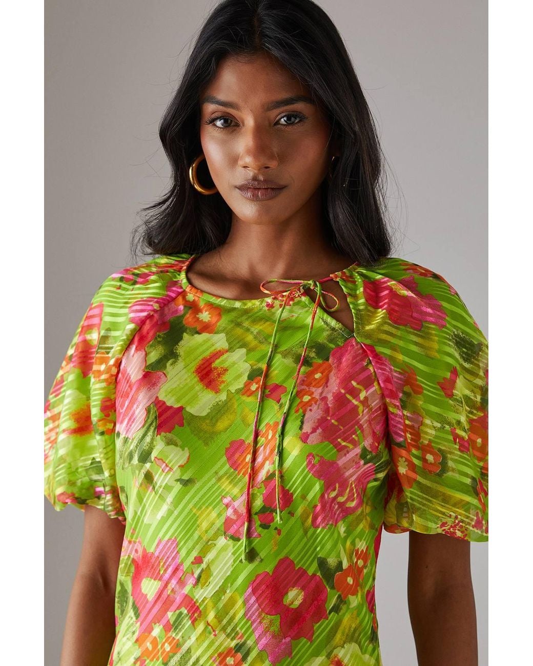 Warehouse Multicolor Shadow Stripe Tie Neck Bias Midi Dress