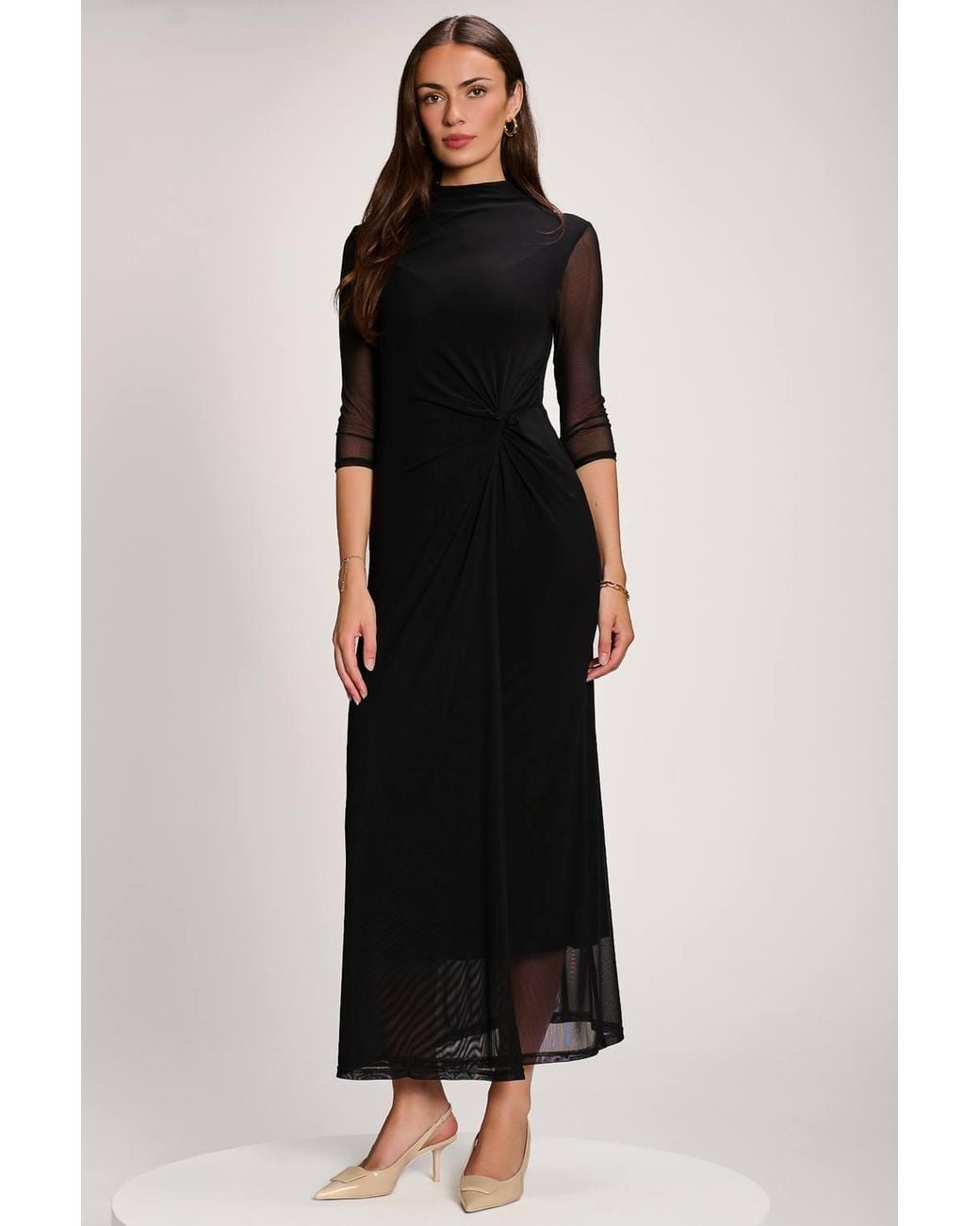 Jolie Moi Black High Neck 3/4 Sleeve Mesh Maxi Dress