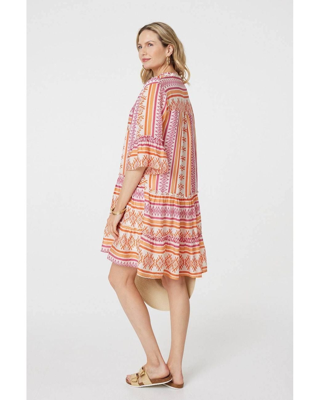 Izabel London Pink Aztec Print V-Neck 3/4 Sleeve Short Dress