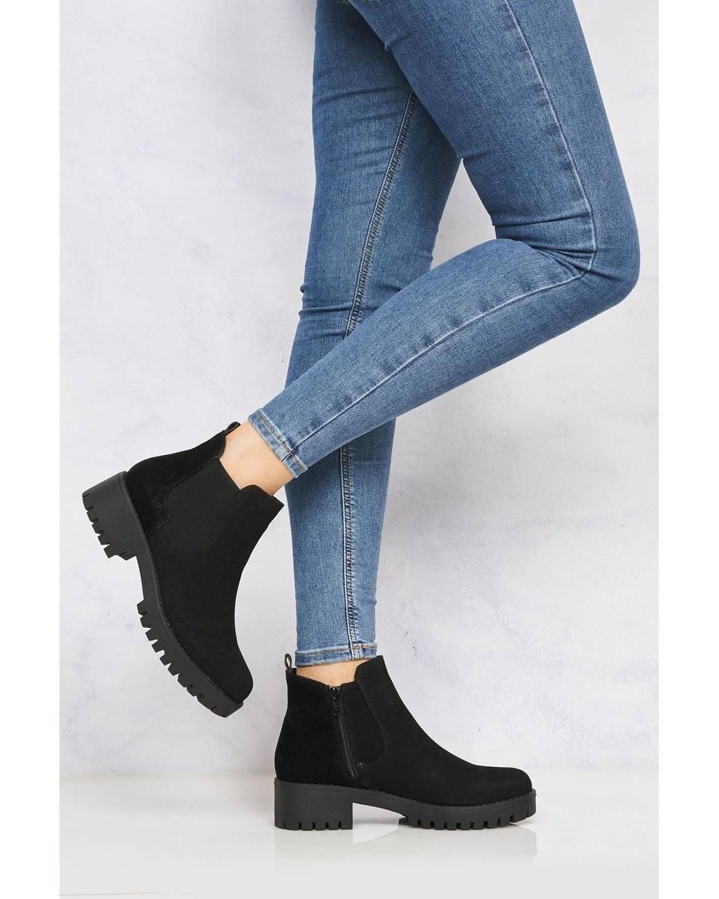 Miss Diva Blue Solo Elastic Cleated Sole Faux Suede Ankle Boots