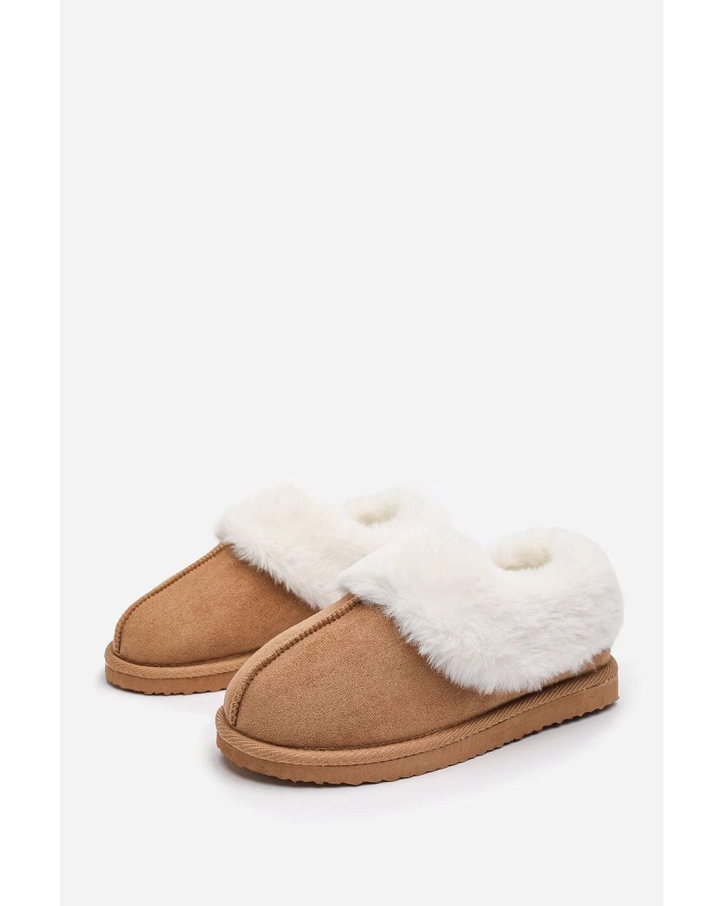 Where's That From Blue 'Qelora' Faux Suede Mule Slippers W/ Faux Fur Collar Trim
