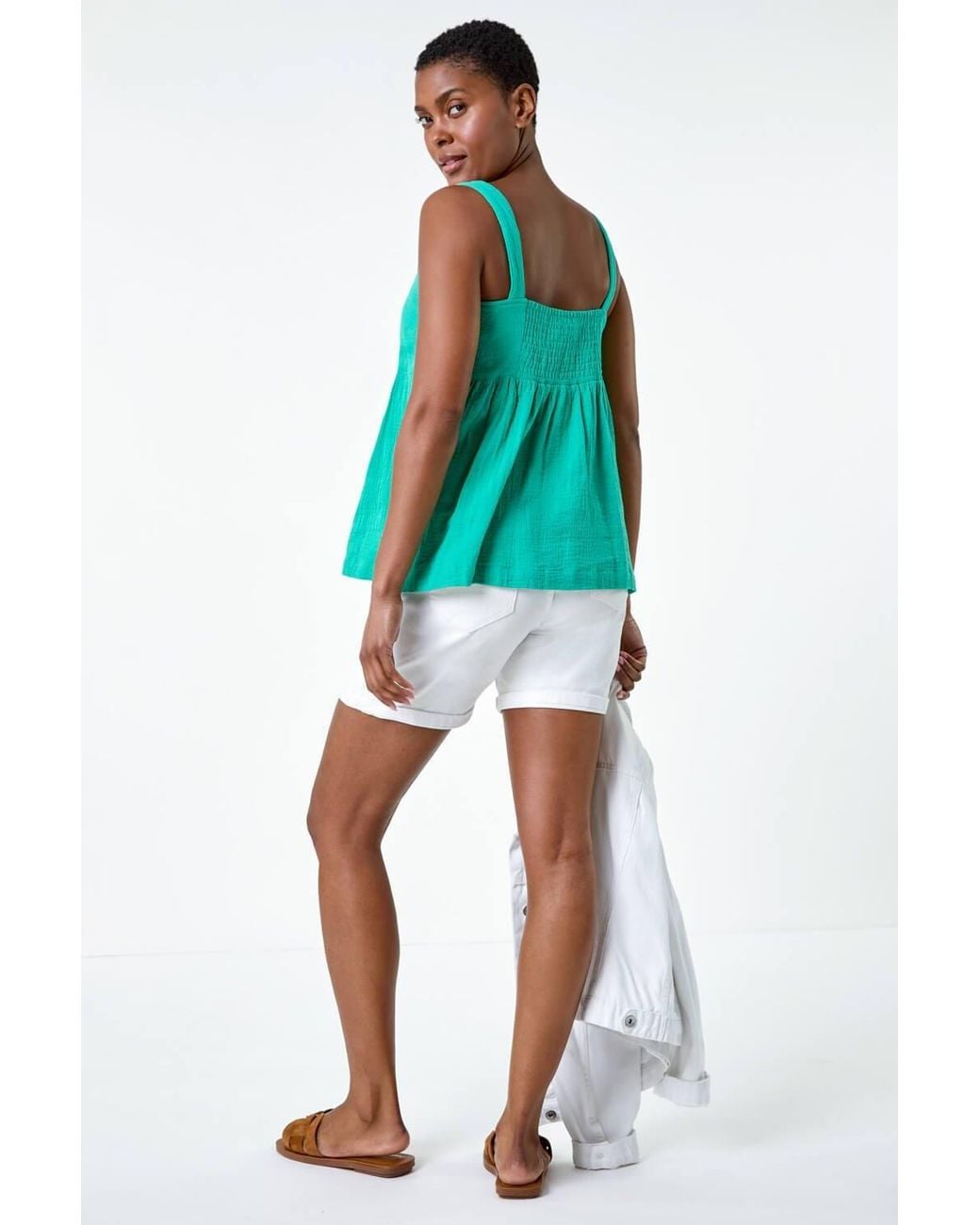 Roman Blue Cotton Button Through Shirred Vest Top