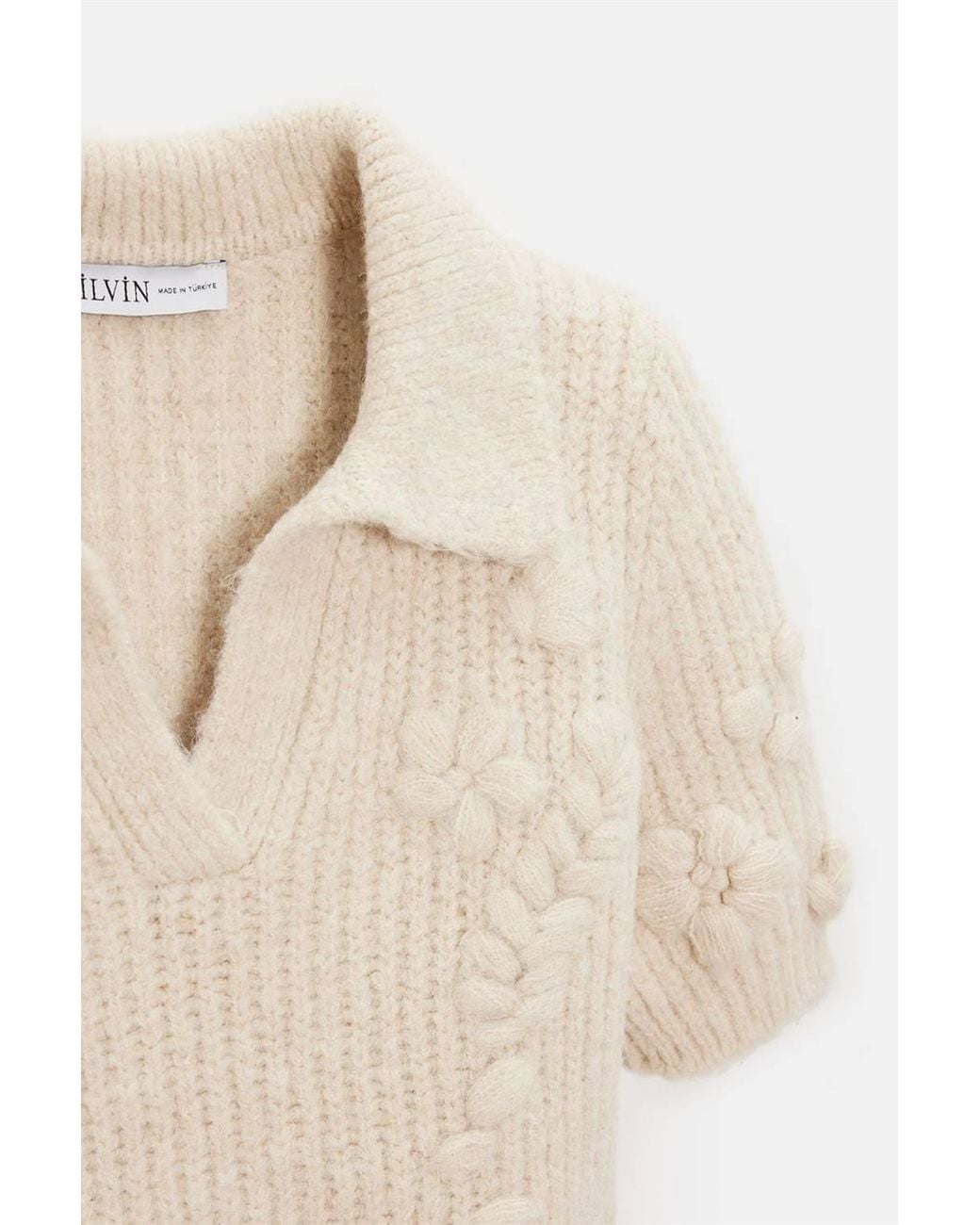 Dilvin Natural Textured Ribbed Polo-Collar Sweater