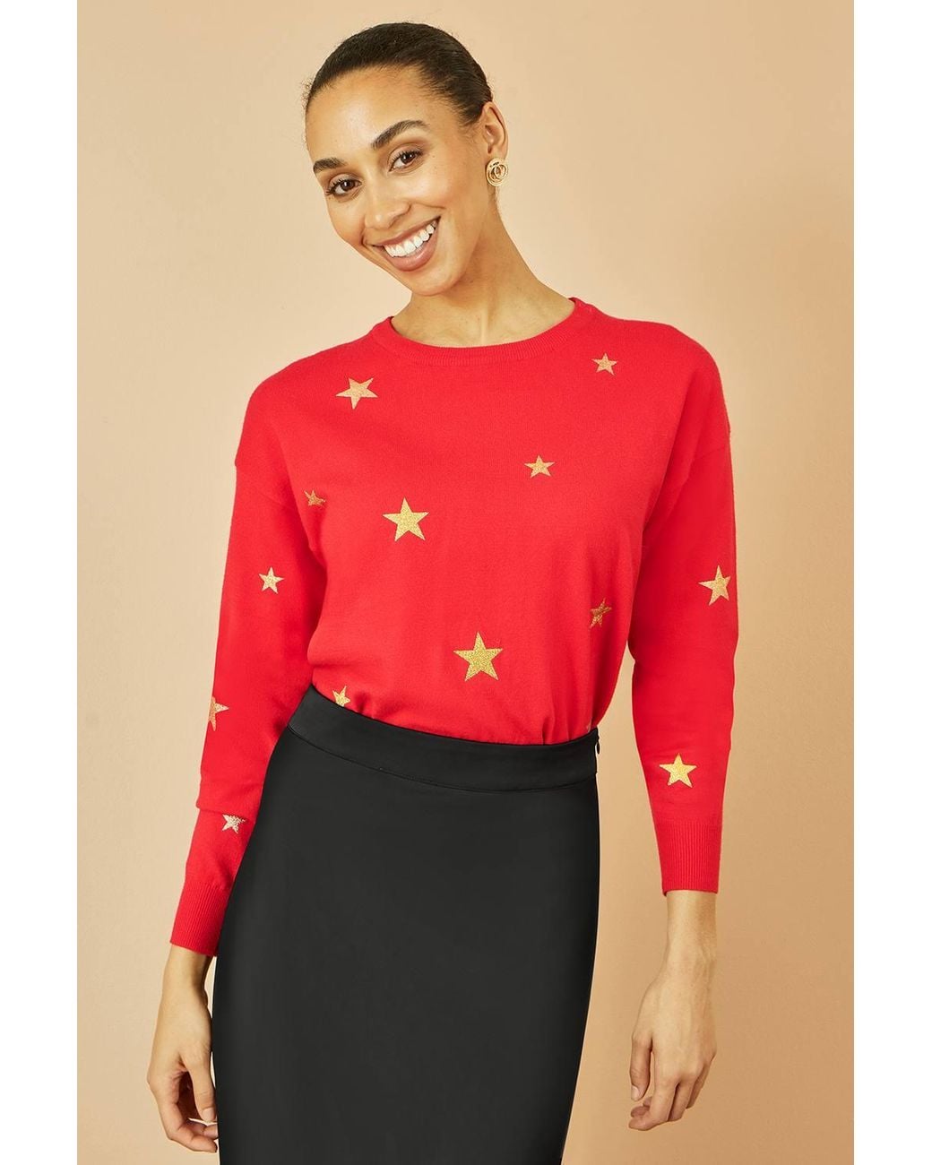 Yumi' Red Foil Star Print Relaxed Fit Jumper