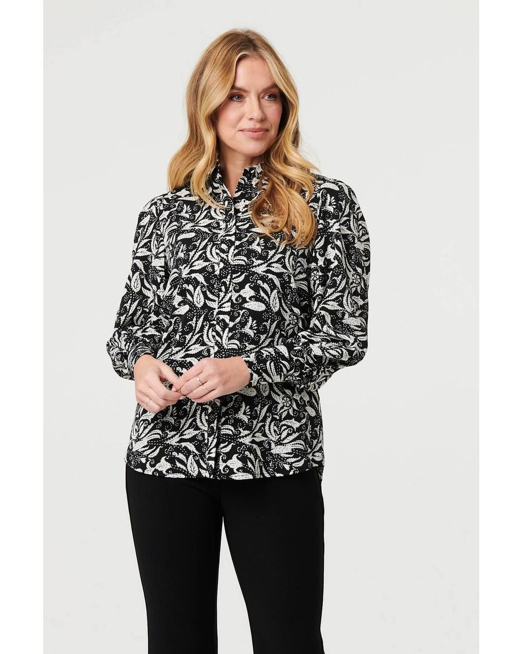 Izabel London Black Leaf Print Long Balloon Sleeve Shirt