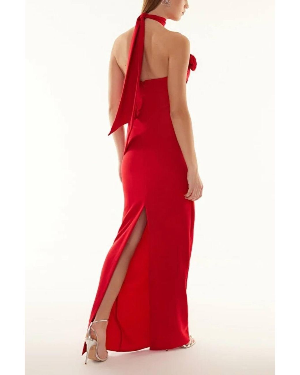 WOVCOR Red Woven Maxi Elegant Evening Dress W/ Rose Detail