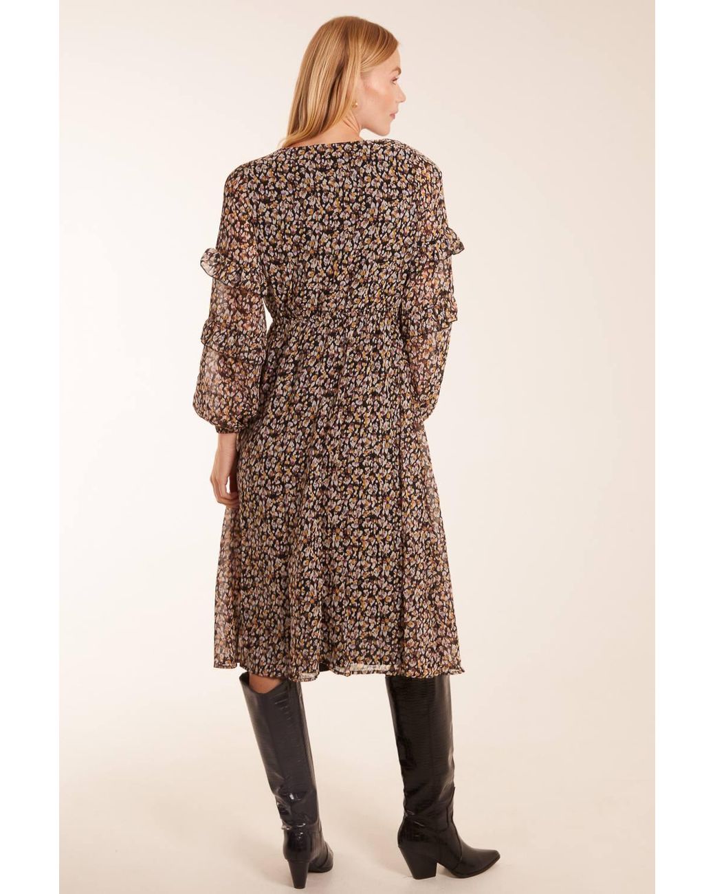 Blue Vanilla Brown Frill Sleeve Wrap Midi Dress
