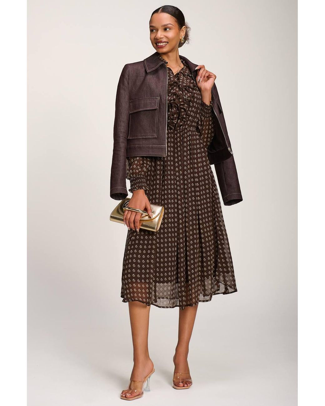 Jolie Moi Brown Chiffon Print Ruffled Shirt Dress