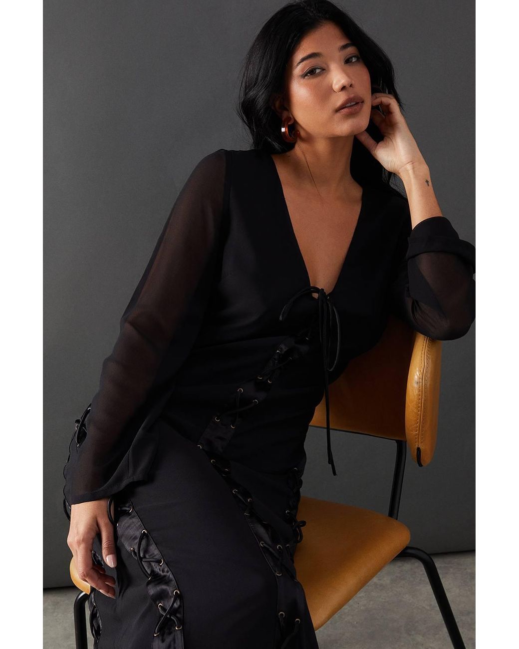 Warehouse Black Chiffon Lace Up Panelling Midi Dress