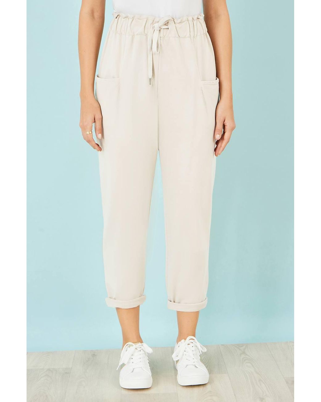 Yumi' Blue Cream Cotton Relaxed Stretch Trousers With Pockets