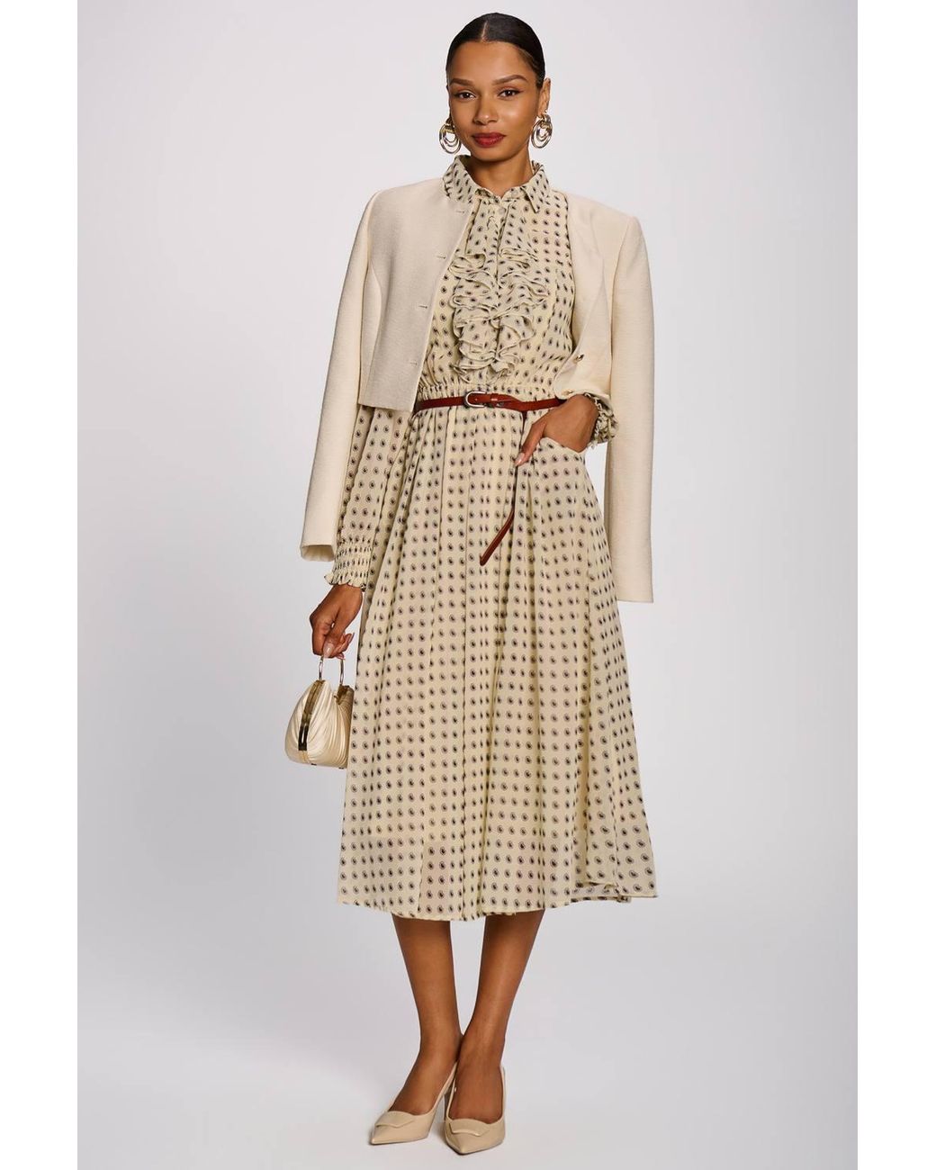 Jolie Moi Natural Chiffon Print Ruffled Shirt Dress
