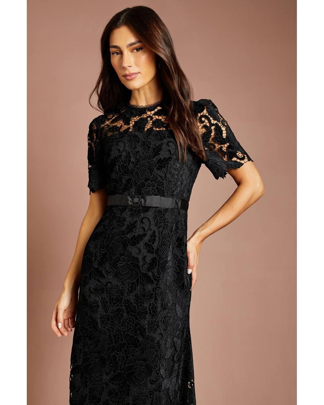 Coast Blue Velvet Lace Midi Dress With Bow Belt
