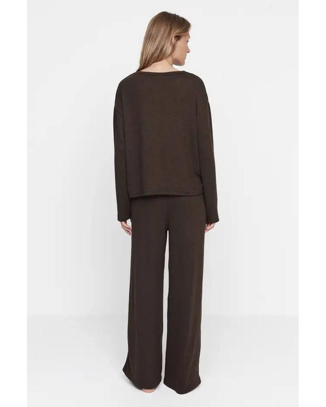 WOVCOR Brown Soft Touch Long Sleeve Pyjama Top & Wide Leg Trouser Set