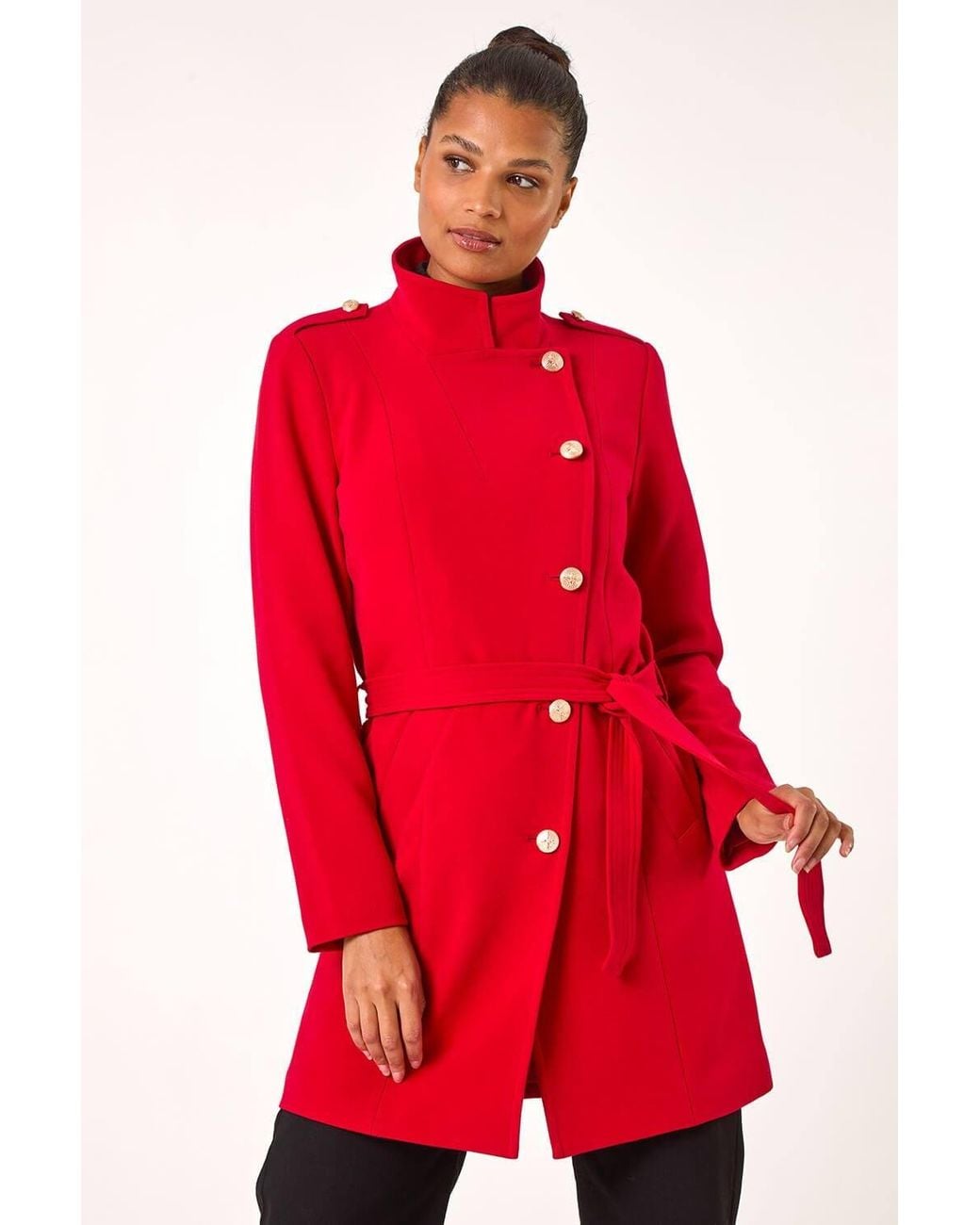 Roman Red Funnel Neck Buttoned Coat