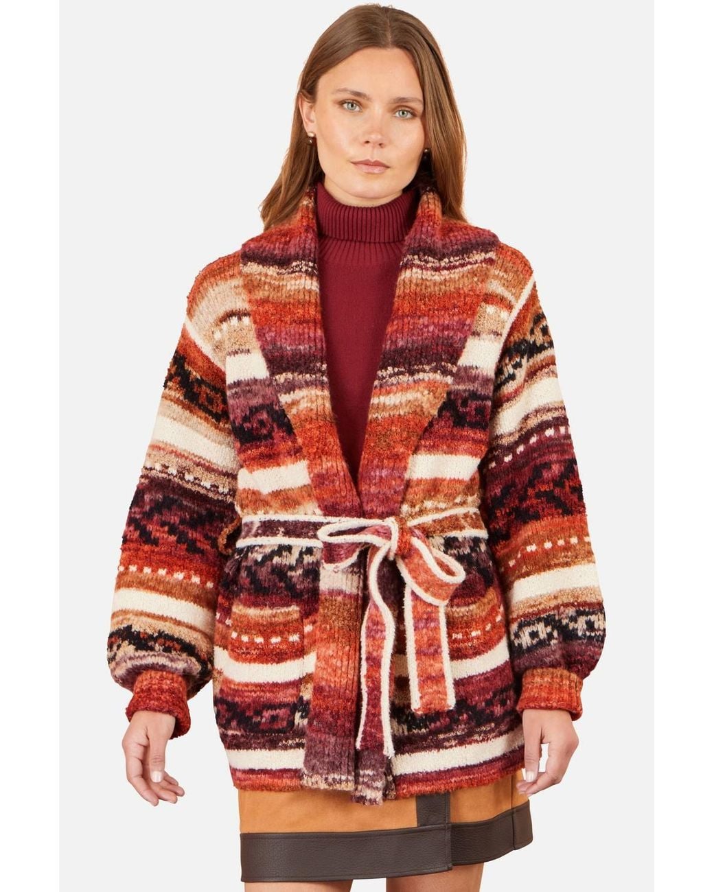 Yumi' Red Stripe Fairisle Soft Wrap Cardigan