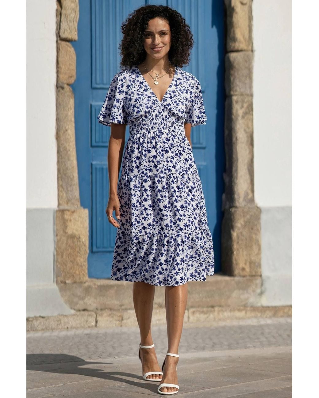 Yumi' Blue Floral Ruched Waist Midi Dress W/ Angel Sleeves