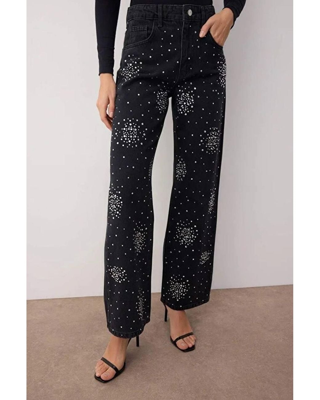 WOVCOR Black High-Waist Stone-Detail Wide-Leg Jeans