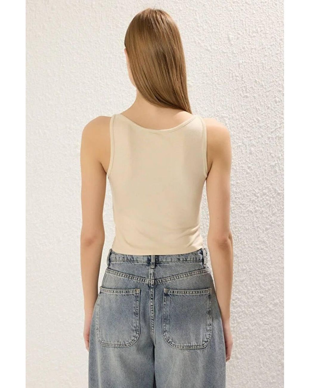 WOVCOR Blue Sleeveless Slash Neck Slim Fit Cropped Stretch Top