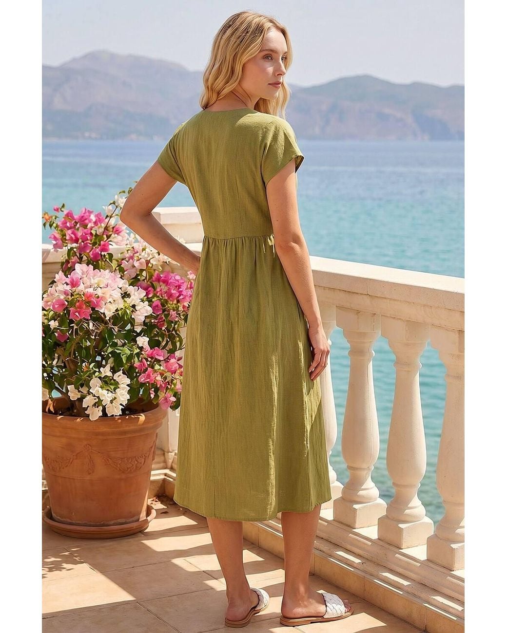 Roman Green Linen Look Button Midi Dress