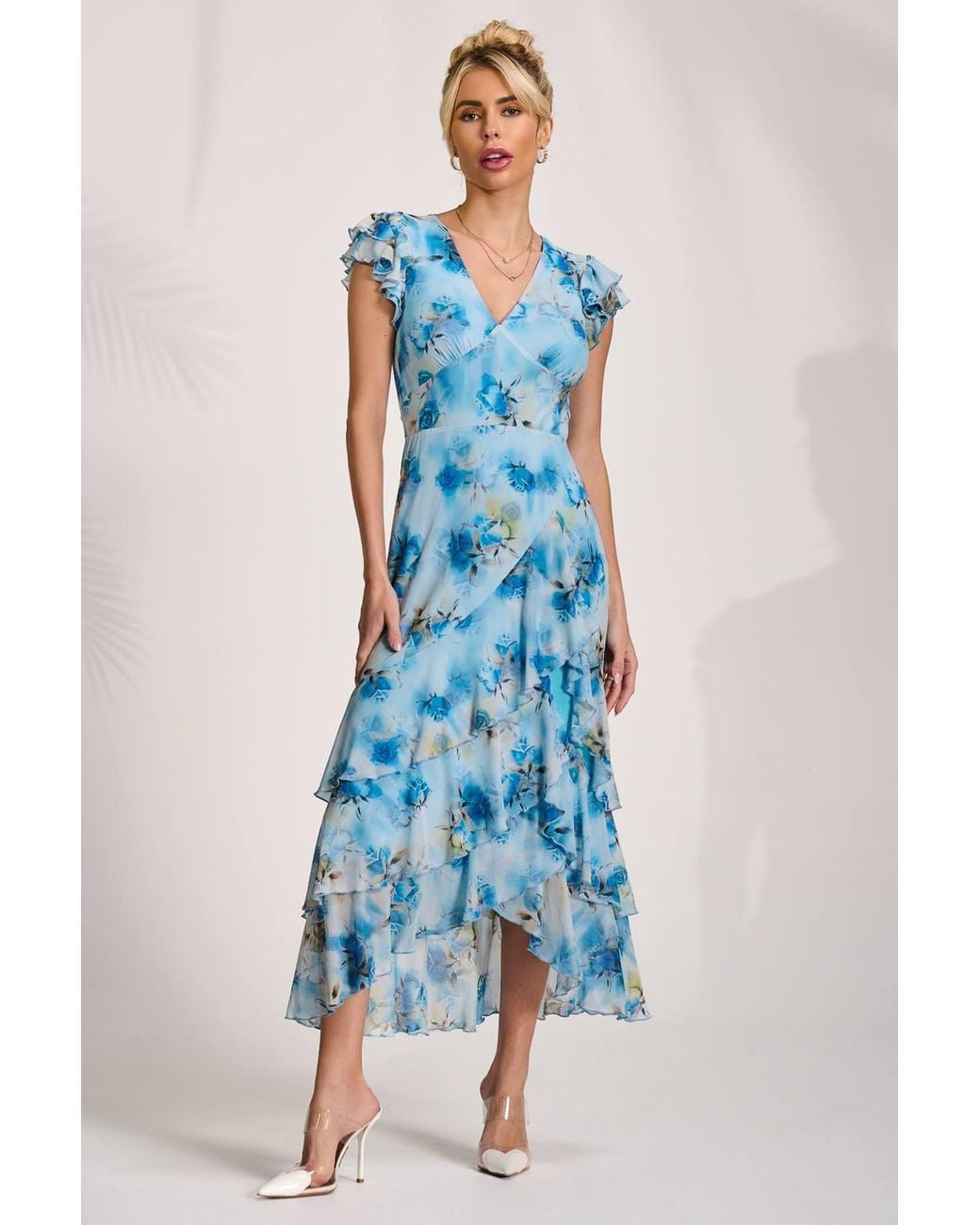 Jolie Moi Blue Mesh Ruffle Detail Maxi Dress