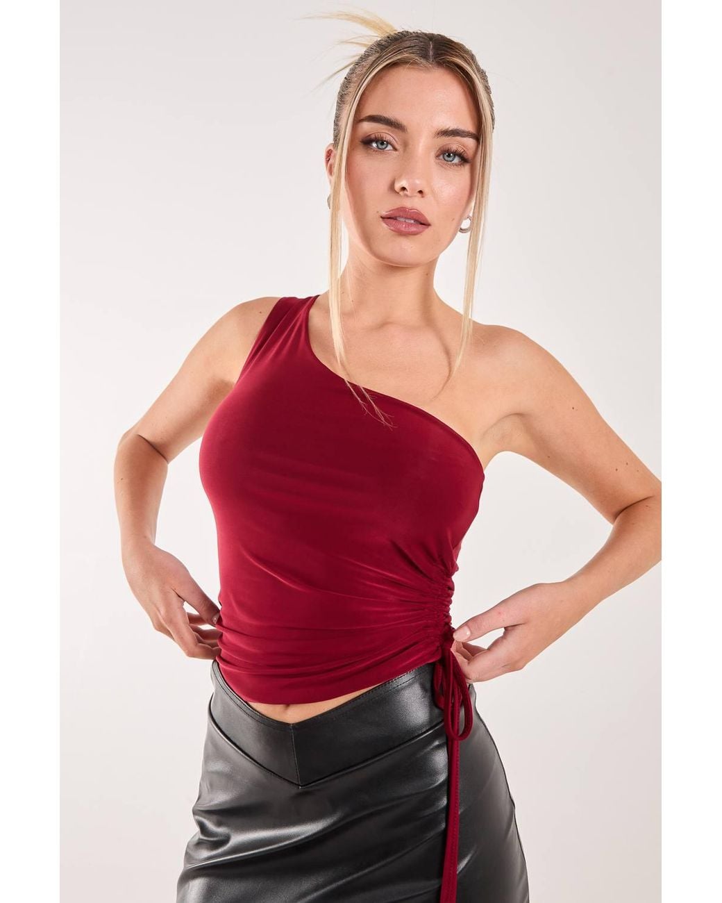 Pink Vanilla Red Asymmetric Side Ruched Top