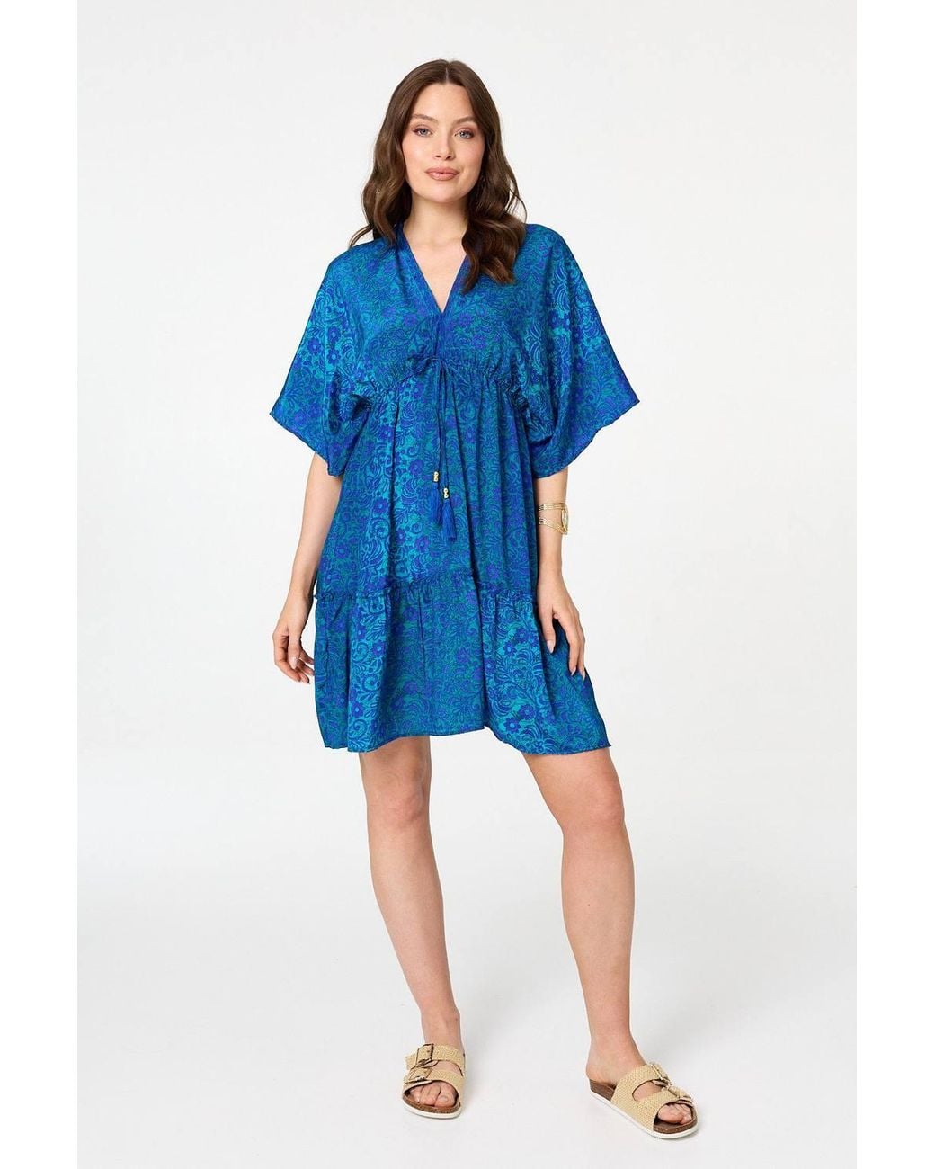 Izabel London Blue Paisley 3/4 Sleeve Relaxed Short Dress