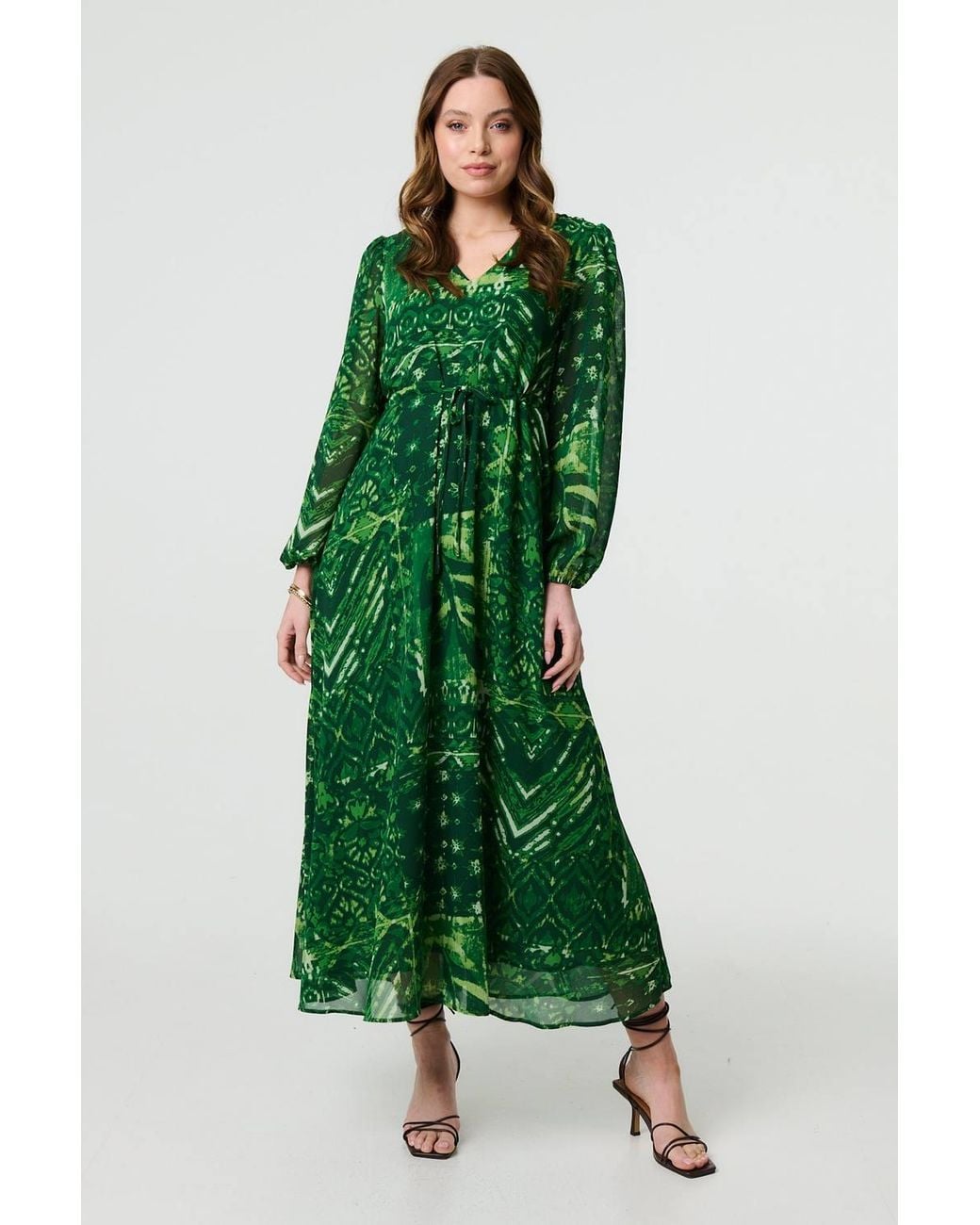 Izabel London Green Printed Semi Sheer Empire Maxi Dress