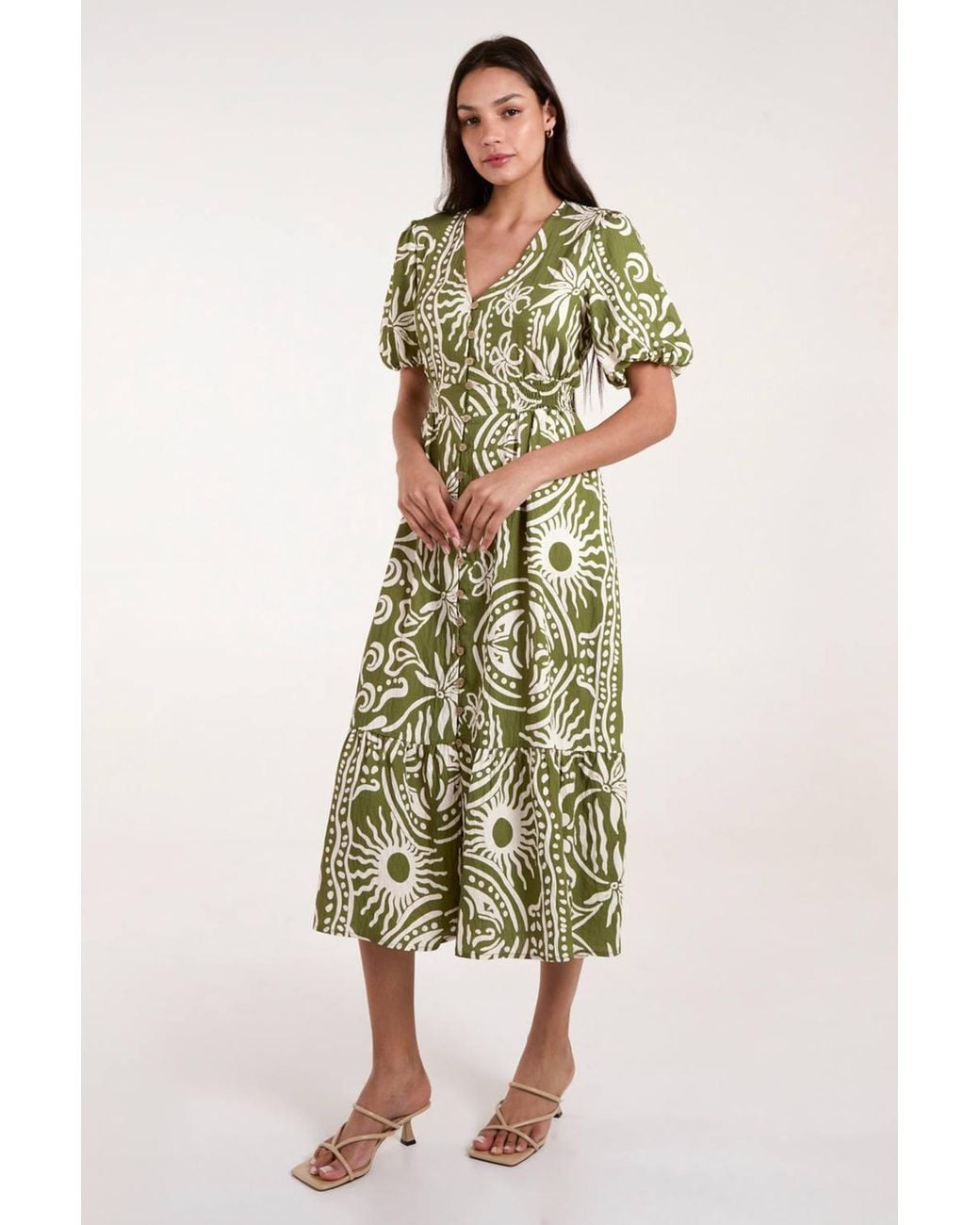 Blue Vanilla Green Elasticated Waist Short Sleeve Button Up V-Neck Midi Dress