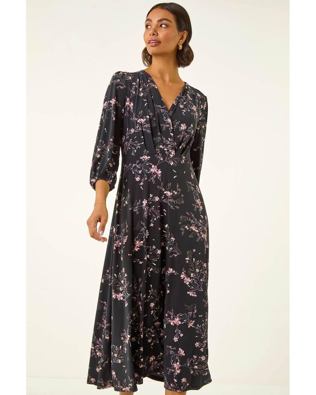 Roman Black Floral Print Stretch Midi Dress