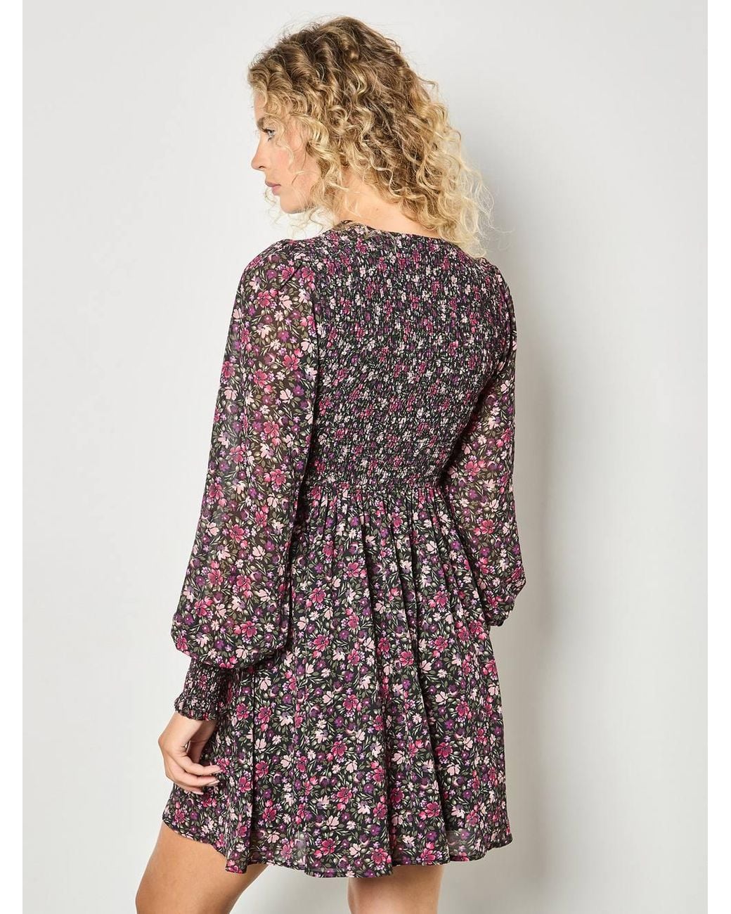 Apricot Purple Ditsy Floral Smocked Mini Dress