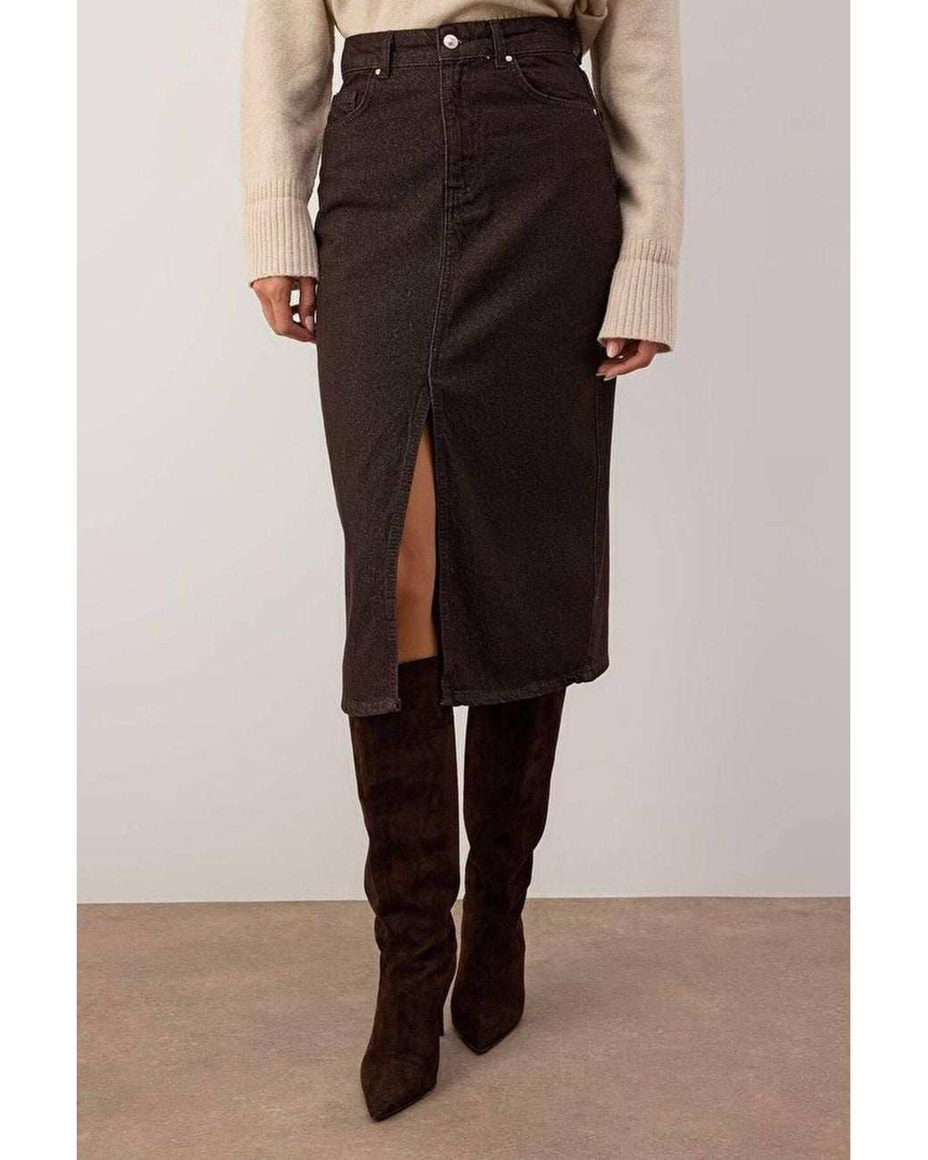 WOVCOR Brown Denim Midi Skirt