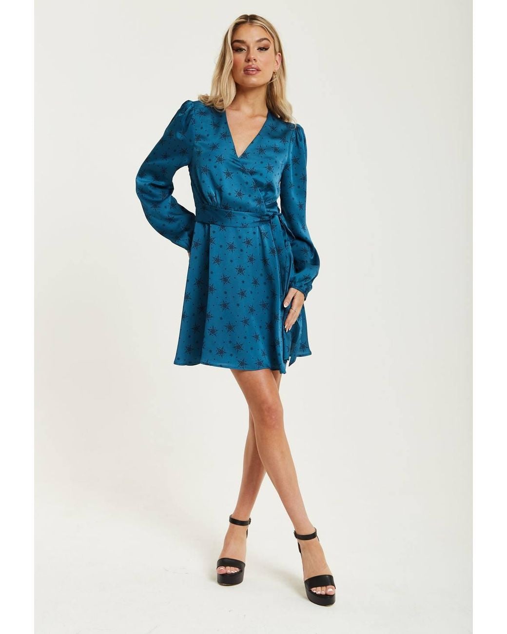 Liquorish Blue Star & Polka Dot Print Mini Wrap Dress W/ Long Sleeves