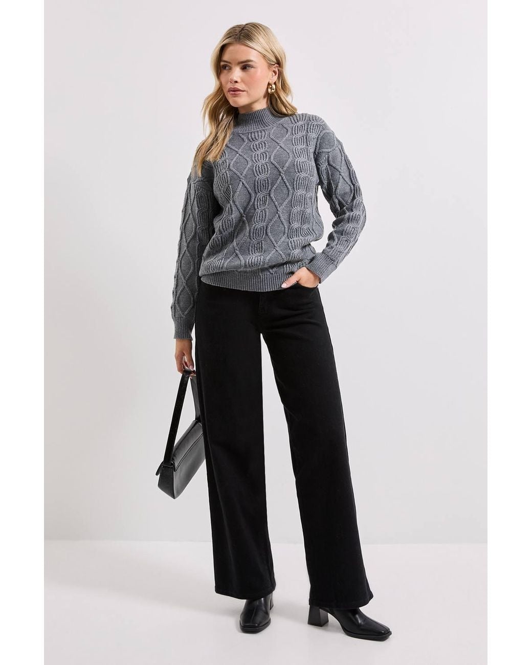 Dorothy Perkins Gray Twisted Cable Funnel Longline Sweater