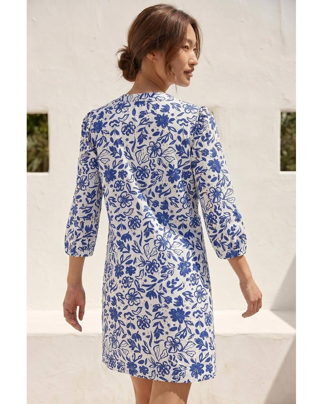 Roman Blue Floral Print V-Neck Shirt Dress