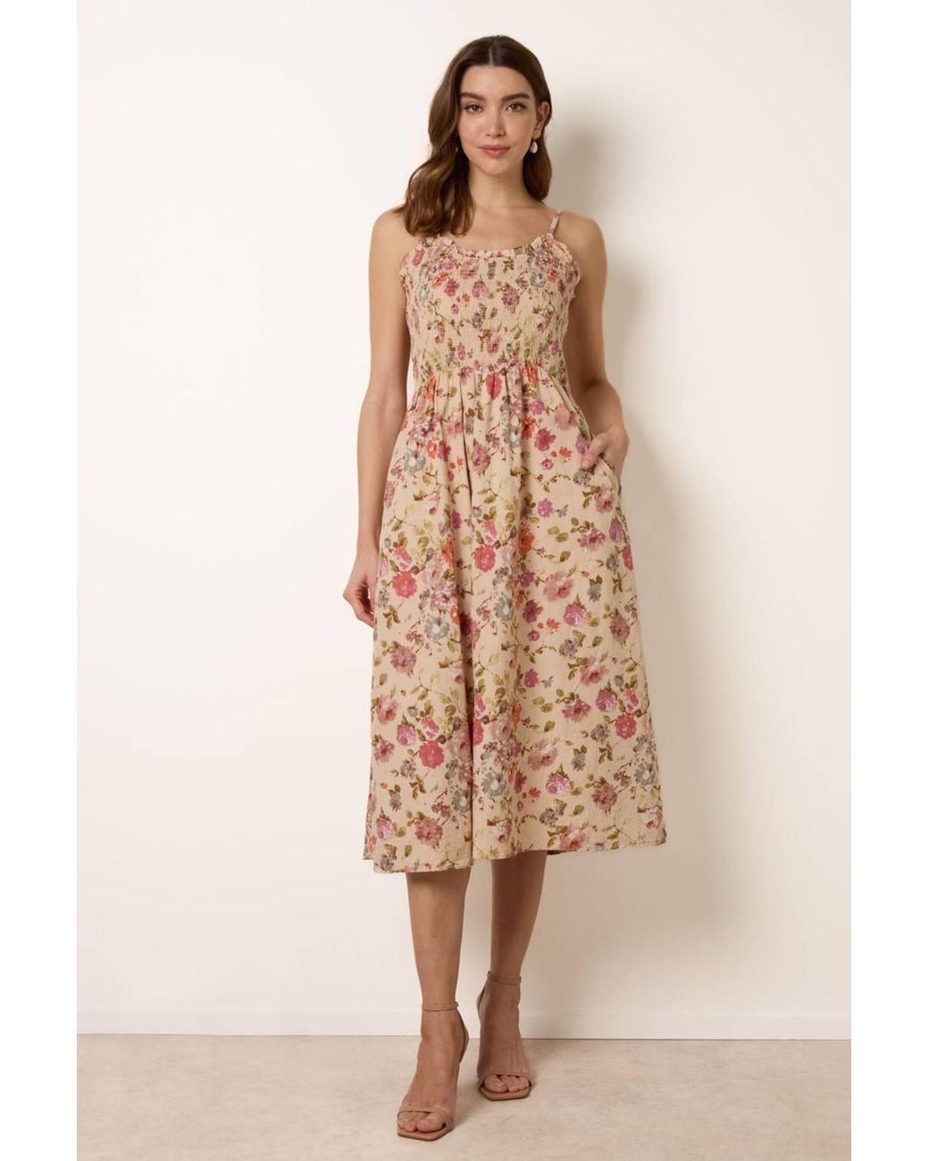 Blue Vanilla Natural Shirred Waist Multi Strappy Square Midi Dress