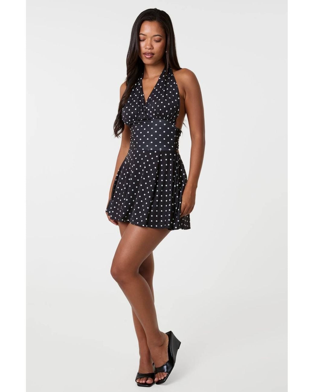 Pink Vanilla Black Polka Dot Slinky Halter Neck Dress