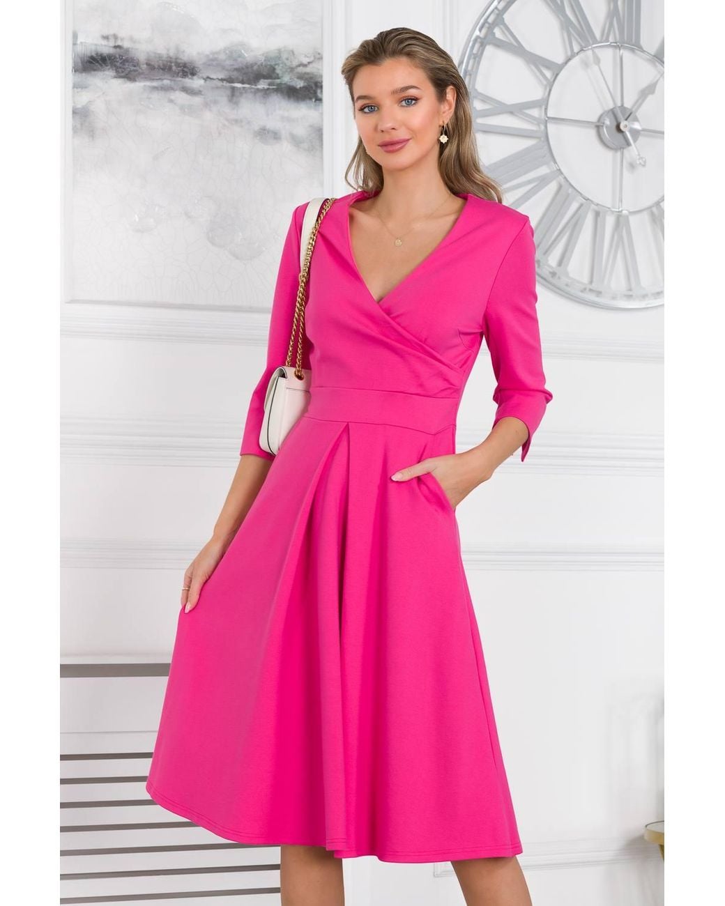 Jolie Moi Pink Paige 3/4 Sleeve Wrap Dress