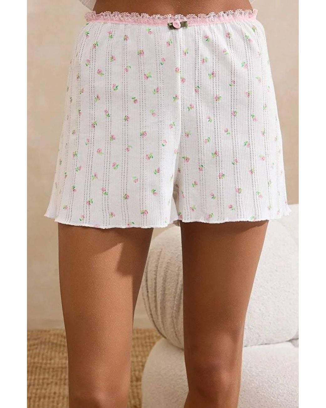 WOVCOR Natural Ditsy Floral Lace Trim Long Sleeve Cotton Ribbed Pyjama Set