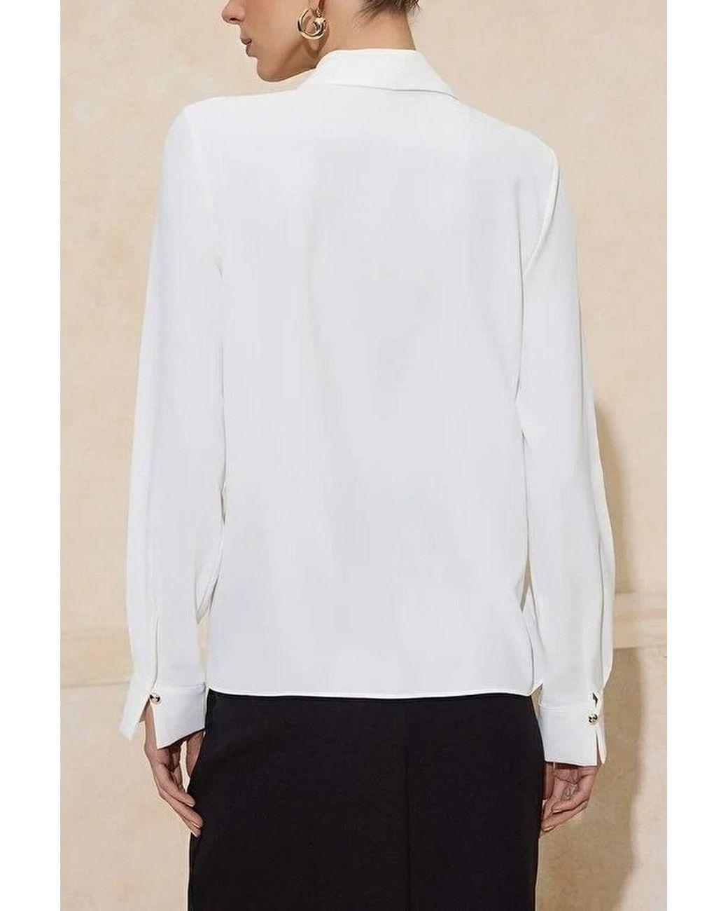 WOVCOR Natural Fular Neck Accessory Detail Long Sleeve Satin Blouse