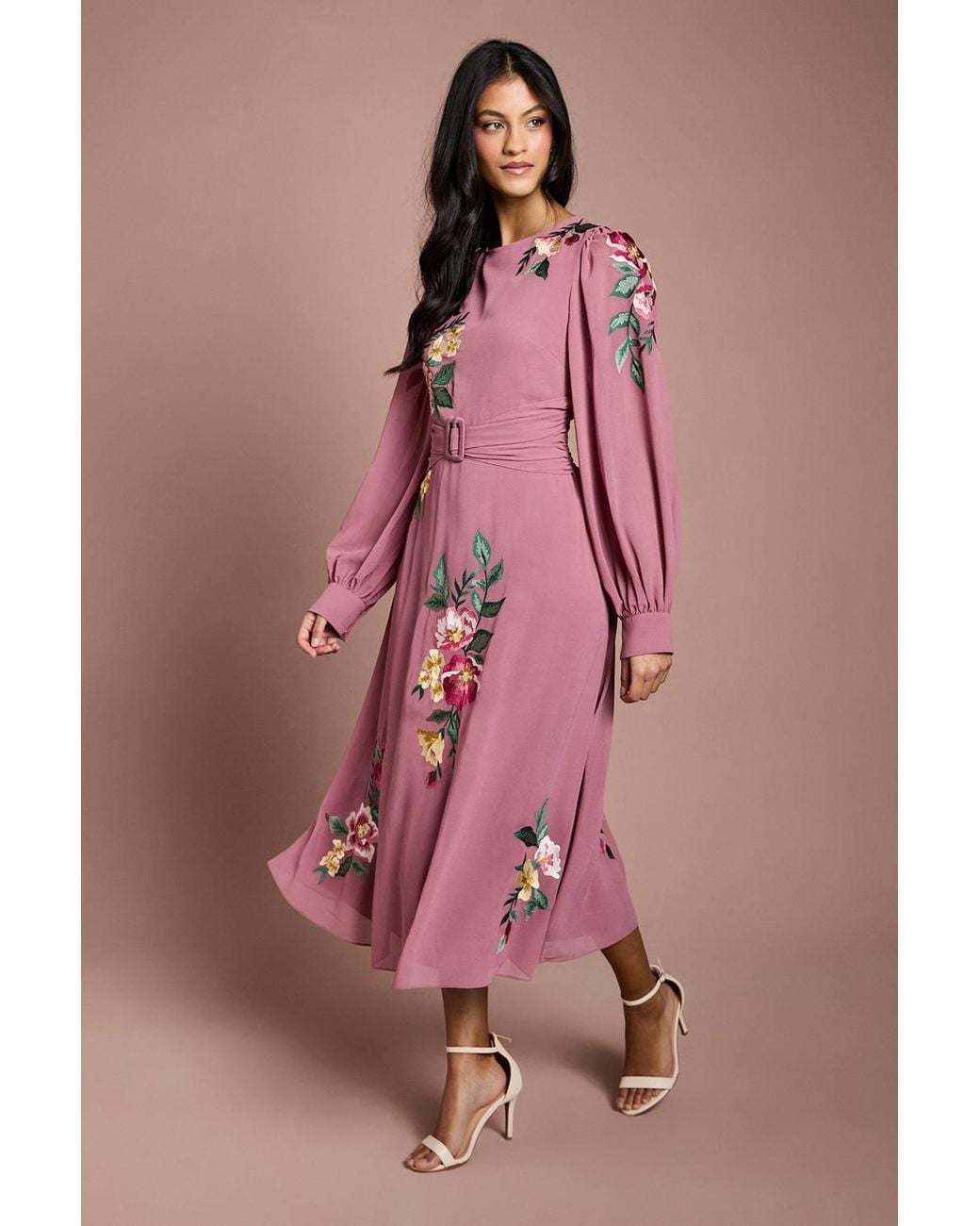 Coast Pink Petite Embroidered Long Sleeve Belted Midi Dress